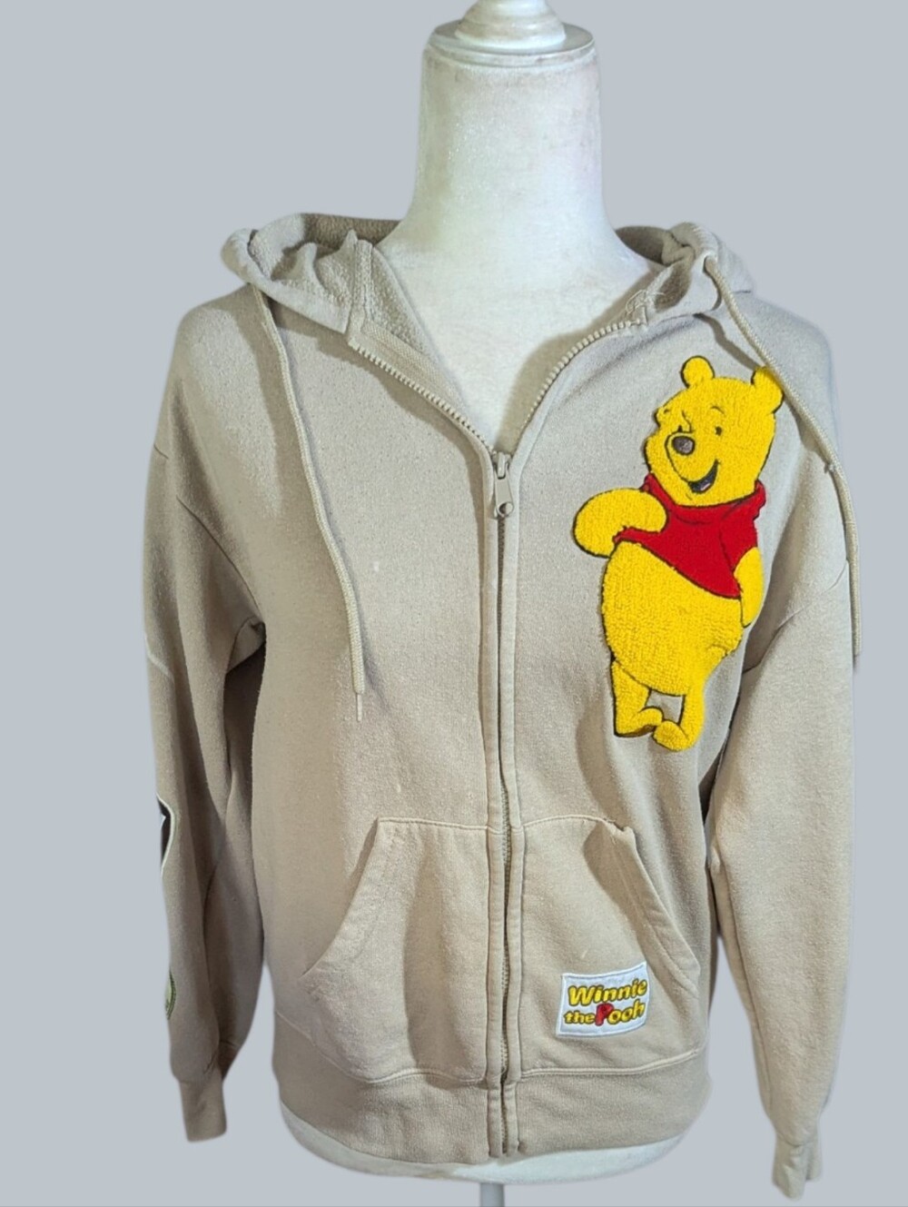 Disney Winnie the Pooh Embroidered Patch Full Zip Fleece Hoodie Y2K Beige sz XS